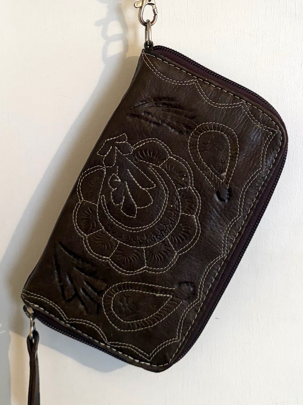 Vintage Brown Leather Embossed Floral Zip Around Wristlet Wallet